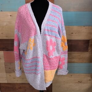 Sincerely Jules Pastel Pink, Lavender & Yellow Floral Bouclé Cardigan